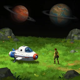 next to a small spaceship on a grass field, on an alien planet, from a sierra point and click 2 d graphic adventure game, set design inspired slightly by tomb raider, art inspired by thomas kinkade and [ [ mark keathley ] ] and greg rutkowski