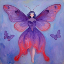 a moth humanoid painted by march chagall, superflat art, very ethereal, joy, painterly, heavy impasto, purple, scarlet and blue colours soft gradient, moth inspired dress, androgynous, happy, sea butterflies