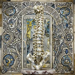 a beautiful marble sculpture of a kintsugi human spine, on a marble pedestal, hyper detailed, photorealistic, 4 k, trending on artstation, octane render, tarot card with ornate border frame