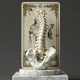 a beautiful marble sculpture of a kintsugi human spine, on a marble pedestal, hyper detailed, photorealistic, 4 k, trending on artstation, octane render, tarot card with ornate border frame
