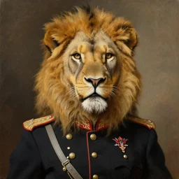 oil painting of an anthropomorphic lion in military uniform, amazing detail, painted by rembrandt