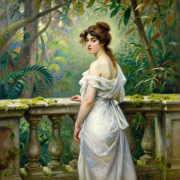 a renaissance oil painting by alma tadema of a woman turned back on a stone balcony covered in moss with over shoulder view on a jungle, colourful pastel, detailed academic bouguereau, sharp focus