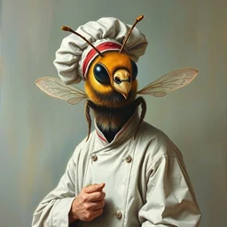 human bee chimera wearing chef outfit oil on canvas