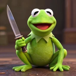 kermit the frog holding a knife, digital art, photorealistic