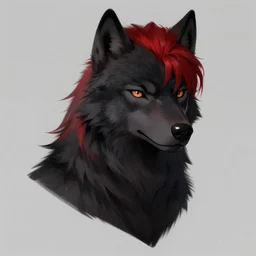 character concept art of a black anthropomorphic furry male wolf with red hair | | handsome - fine - face, pretty face, key visual, realistic shaded perfect face, fine details by stanley artgerm lau, wlop, rossdraws, james jean, andrei riabovitchev, marc simonetti, and sakimichan, trending on artstation