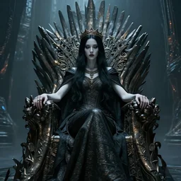 of a beautiful black haired woman with pale skin and a crown on her head sitted on an intricate metal throne in eerie atmospheric alien worlds, epic cinematic matte painting, art by greg rutkowski