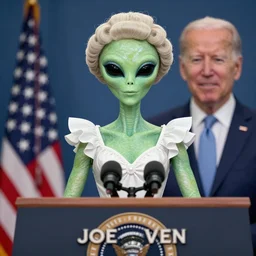 alien, wearing a wig and a dress and ((Joe Biden)) at a press conference, photograph, highly detailed, 4K