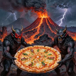 masked demons grabbing a large pizza!!!, in the background is a volcano spewing lava and black smoke, streams of glowing hot lava, flashes of lightning in the distance. wide angle, long shot, an ultrafine detailed painting by jean - michel basquiat, deviantart, pop surrealism