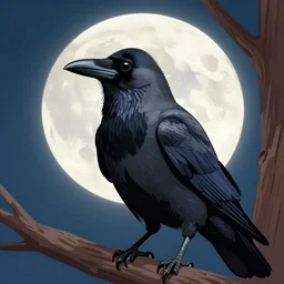 close up portrait of a crow on a tree in front of the full big moon, vector graphic, clear lines, intricate, portrait, 8k highly professionally detailed, HDR, CGsociety