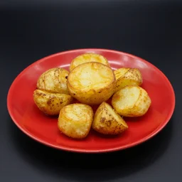 fried potatoes on a red plate, studio lighting, 3 5 mm, photography, detailed, 8 k, black background