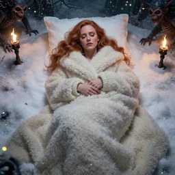 portrait of muscled Christina Hendricks sleeping in soft snow wearing thick warm wooly covering clothing, winter scene fantasy, fireflies, torch light, scary creatures in background, intricate, elegant, highly detailed, centered, smooth, sharp focus, Donato Giancola, Joseph Christian Leyendecker, WLOP, Boris Vallejo, Artgerm