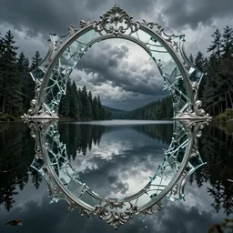 lake with mirrors, shattered glass textures, mirrored reflections, cinematic, filmic, detailed and intricate, elegant, ornate, realistic, stormy, ominous, portal, dimensions, true detective, forest, kaleidoscope