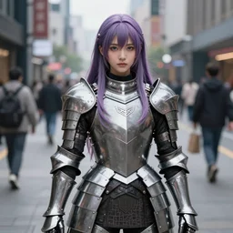 a masterpiece ultrarealistic ultradetailed photograph of a lifelike real anime girl that is dressed in steel plate armor, long dyed hairs, on a busy city street, photoreal image, art by wlop, photoreal, highly rendered, blender, unreal engine, readable, extremely detailed, trending on artstation, sharp focus, 4 k, by artgerm