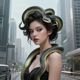 photo of woman with snakes instead of hair  in modern city, elegant, highly detailed, smooth, sharp focus, trippy, dmt, psychedelic, illustration, beautiful, geometric, trending on artstation, cinematic, artwork by WLOP