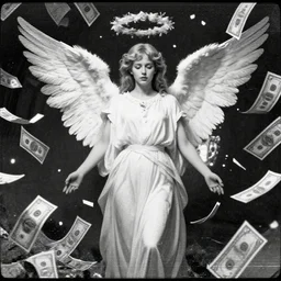 vhs static overlay of angel apparition, surrounded by money falling like confetti, vhs, 1 9 9 0, highly realistic, highly detailed, vhs noise static, black and white, vhs glitch