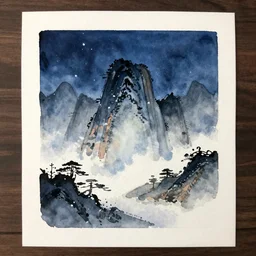 centered on watercolor paper, paint brush strokes, watercolor painting of a fantasy landscape at night mountain, oriental, cinematic light, in the style of noriyoshi ohrai