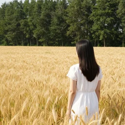 A girl standing in a field, facing the wheat field, with the woods behind her