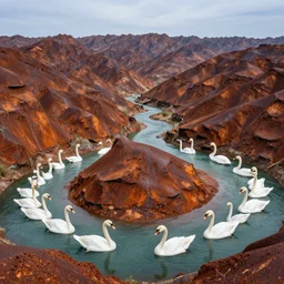 a large format photograph of rusty mountains and rivers made of spiraling swans