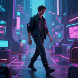 A man, walking in a cyberpunk vaporwave world, 4k, photorealistic, intricate details, studio lighting, unreal engine