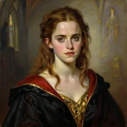 oil painting of emma watson giving seductive look wearing black, red and gold robes. hogwarts in background beautiful detailed face. by artgerm and greg rutkowski and alphonse mucha
