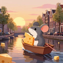 a beautiful mouse sailing over a river in amsterdam during sunset dreaming about all the cheese, cartoon, trending on artstation, award winning