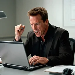 arnold schwarzenegger as conan the barbarian from the movie conan the barbarian, sitting at a desk in an office, shouting at a laptop, angry, laptop trouble, technical difficulties, software error, crisp lighting, studio lighting