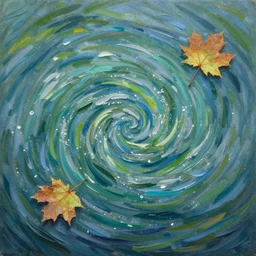 a river's whirlpool, colored with blues and greens, where two maple leaves circle around on opposite sides, oil painting, midday,