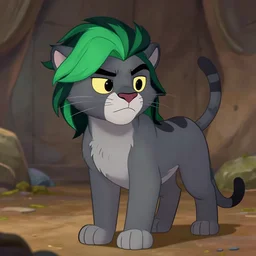 grey anthropomorph panther with green and black hair in zoomania, artstation, hyperrealistic, disney, anime