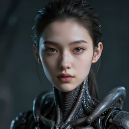 beautiful girl with xenomorph body, cute - fine - face, pretty face, realistic shaded perfect face, fine details, 8 k, moody lighting, cinematic lighting, n - 9