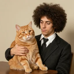 fat orange tabby cat, man with afro curly hair in american gothic by grant wood