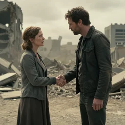 Dolores shaking hands with William in Westworld season 4, year 2050, apocalyptic destroyed city background, cinematic, film still