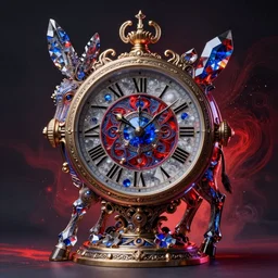 Eldritch donkey madness crystal clock. occult. mystic. Giger style. hyper realistic, high details, photorealistic, ultra realistic, 3-Dimensional, Backlight, Moody Lighting, pastiche by Beeple, pastiche by Victor Ngai, Precise and Intricate Linework, Art Nouveau Cosmic 4k spray painted graffiti trending on Behance ,CGSociety, Blood Red and Sapphire color scheme