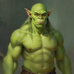 green orc female with human face, light green tone beautiful face, muscular body, by artgerm, by greg rutkowski, by jeremy mann, digital painting