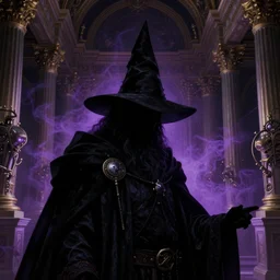 a close - up view portrait of a silhouetted supernatural wizard in baroque neoclassicist halls with alien technology. close - up view, detailed textures. glowing purple fog, dark black background. highly detailed fantasy science fiction painting by moebius, norman rockwell, frank frazetta, and syd mead. rich colors, high contrast