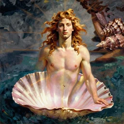greek oil painting of zeus emerging from a giant pink seashell, painting, portrait, classical