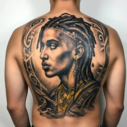a man with a black and yellow wiz khalifa tattoo on his back, a tattoo by richard mortensen, reddit contest winner, primitivism, tattoo, detailed, intricate