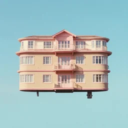 wes anderson style beautiful floating building