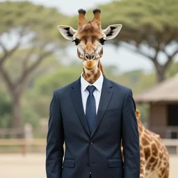giraffe wearing a suit and tie, ready for a meeting, close outdoors business portrait