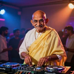 Mahatma Gandhi As A DJ in A Party, Colorized, Vibrant Colors