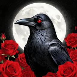 portrait, A crow with red eyes in front of the full big moon, book cover, red roses, red white black colors, establishing shot, extremly high detail, foto realistic, cinematic lighting, pen and ink, intricate line drawings, by Yoshitaka Amano, Ruan Jia, Kentaro Miura, Artgerm, post processed, concept art, artstation, matte painting, style by eddie mendoza, raphael lacoste, alex ross