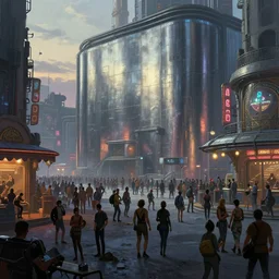 a rowdy crowded cyberpunk small town square, amusements atmosphere, dusk, smooth metallic walls, exterior shot, medium shot, atmospheric fantasy matte painting by frank frazetta, michael whelan, trending on artstation