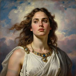 Head and shoulders masterpiece portrait oil painting of the beautiful goddess Gal Gadot as Venus, she is wearing roman clothes and a surreal jewelry, her hair is natural disheveled, she is approaching heaven over the clouds, naturalism, dramatic lighting, high-detailed oil painting by Ilya Repin, Michelangelo da Caravaggio, William Blake, Alex Grey and Beksinski, trending on Artsation, hystorical painting, naturalism, masterpiece, 4k, 8k,
