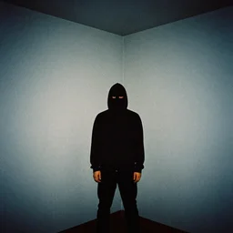 creepy Liminal interior of RE7, masked person in corner, in the style of 35mm flash photography, award winning photograph,