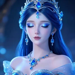 photo of wonderful princess of sapphire with fair skin, she has her eyes closed, glowing, ornate and intricate blue jewelry, jaw dropping beauty, glowing background lighting, blue accent lighting, photorealistic, hyper detailed, award winning photography, 4 k octane render