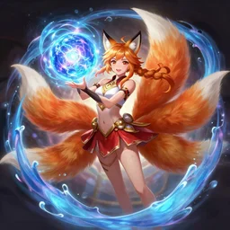 Japanese girl with four fox tails holding an energy orb ahri champion splashart