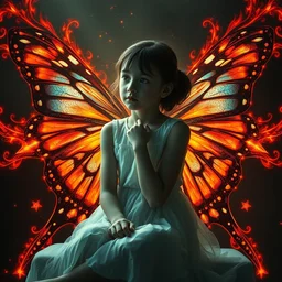 thoughtful young girl female sitting beautiful butterfly wings symmetric rule of thirds endless fractal existential horrific cinematic madness celestial 4 k high resolution dramatic fire wings lighting