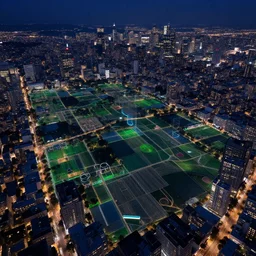 an aerial view of a city at night with niantic ingress style portals and fields everywhere