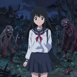 a beautiful japanese high school with many ghosts and zombies and monsters at night