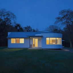 farnsworth house painting by atey ghailan, blue hour, cinematic, masterpiece