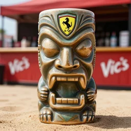 a closeup photorealistic photograph of a ferarri themed tiki mug at at an outdoor trader vic's bar featuring the face of young enzo ferrari. tiki theme. sand. bright scene. fine detail. this 4 k hd image is trending on artstation, featured on behance, well - rendered, extra crisp, features intricate detail, epic composition and the style of unreal engine.